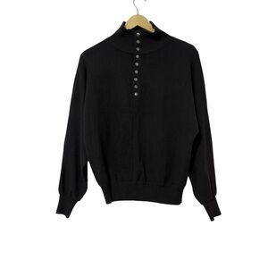 Lili Sidonio Black 1/2 Button Mock Neck Sweater Size Small Neutral Relaxed Knit